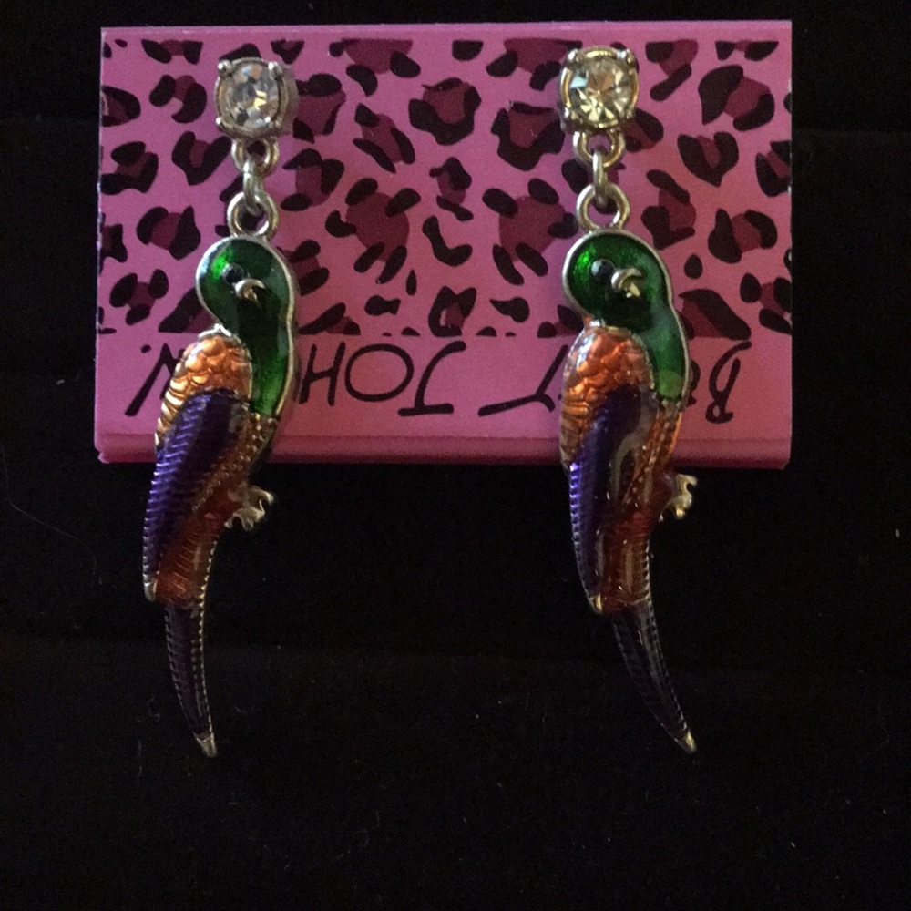 Betsey Johnson green gold and purple enamel parrot on rhinestone dangle post.